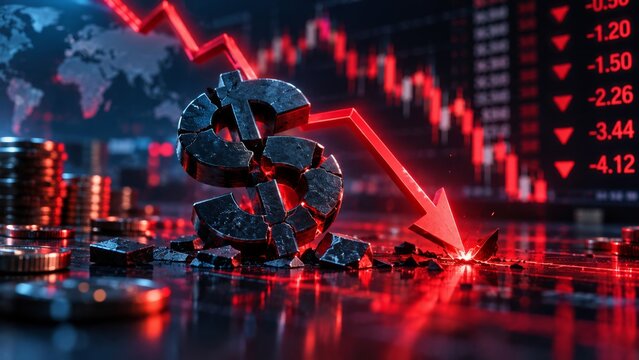 Dollar sign with a red downward trend line on a financial chart. Digital representation of a declining stock market or economic downturn. This image symbolizes financial crisis, loss, or negative