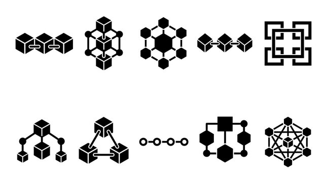Black blockchain and network connection icons set on transparent