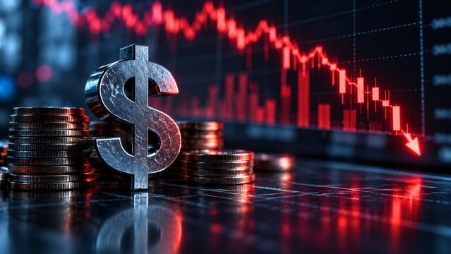 Dollar sign with a red downward trend line on a financial chart. Digital representation of a declining stock market or economic downturn. This image symbolizes financial crisis, loss, or negative