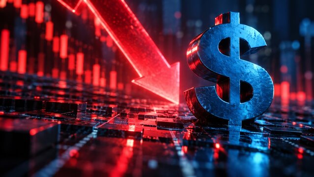 Dollar sign with a red downward trend line on a financial chart. Digital representation of a declining stock market or economic downturn. This image symbolizes financial crisis, loss, or negative