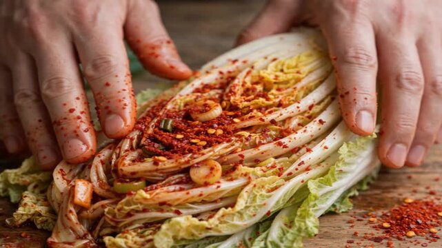 Hands rubbing red chili flakes and spices onto a napa cabbage to make traditional Korean kimchi on a rustic wooden table, showcasing the authentic fermentation preparation process