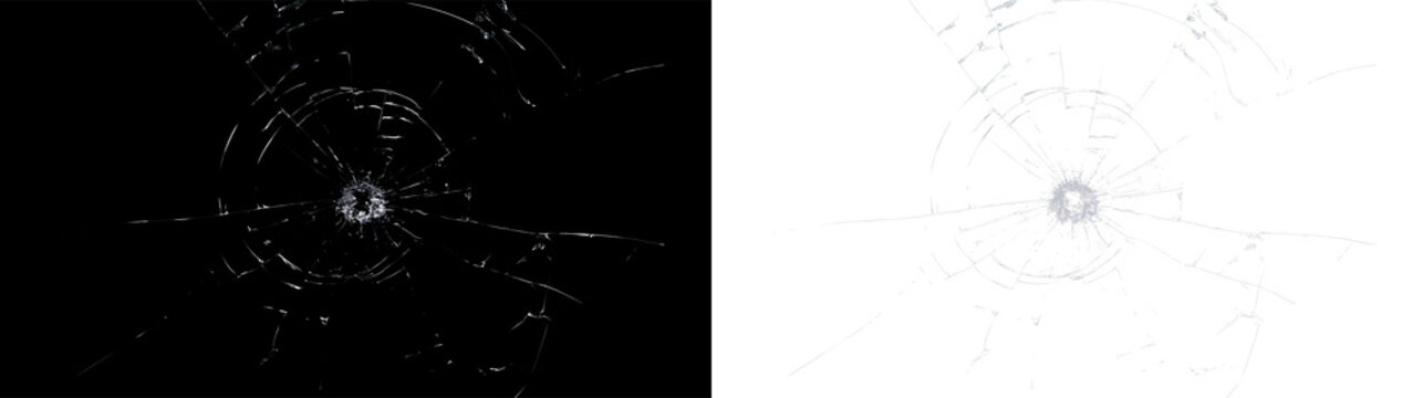 Bullet hole in cracked glass texture overlay. Realistic shattered glass impact with radial cracks. Transparent broken window effect