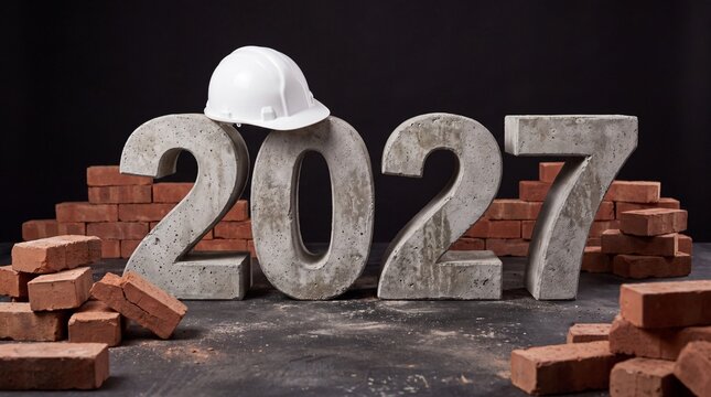 Concrete 2027 numerals with white hard hat surrounded by red bricks on a dark studio surface, construction themed still life