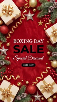 Boxing Day sale banner with red festive background, wrapped gifts, ornaments, pine branches, stars, ribbons, and promotional text, vertical design