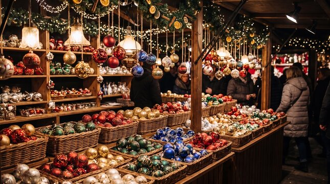 Christmas ornament market stall displaying colorful baubles, wreaths, and festive lights in a decorated indoor holiday market