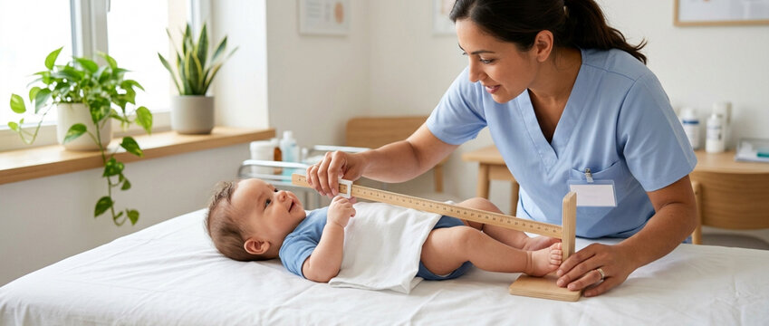 Pediatrician measuring baby length on examination table in clinic
