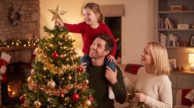 Family decorating a Christmas tree with ornaments and star beside a fireplace in a warmly lit living room during the holidays