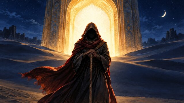 Figure in robe approaches glowing desert archway at night. Full moon illuminates vast sand dunes under a starry sky. This scene suggests a journey into the unknown or a spiritual quest