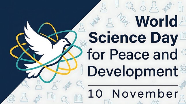 White dove of peace surrounded by atomic orbits and laboratory icons celebrating world science day poster design