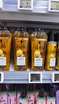 Royan, France - July 25, 2026: E.Leclerc ROYAN CEDEX. Gliss hair care products displayed on a retail shelf, featuring oil treatment bottles with labels in French and pricing tags visible