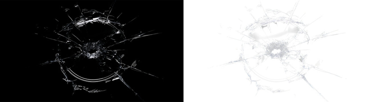 Bullet hole in cracked glass texture overlay. Shattered glass fracture pattern isolated on transparent and black background