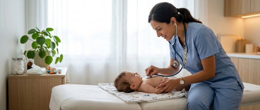 Pediatrician examining infant with stethoscope in clinic exam room