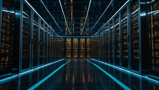 Symmetrical perspective view of a futuristic quantum computer corridor with sleek server racks and cyan laser lines