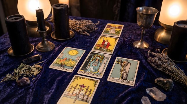 Tarot Card Spread on Blue Velvet with Candles and Crystals