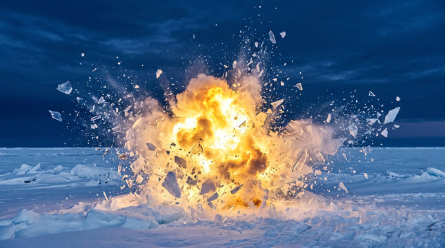 A powerful explosion erupting on a frozen icy landscape during a dark winter evening.