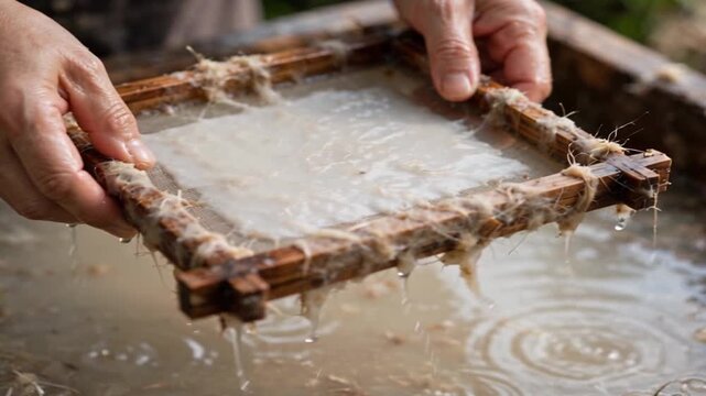 Close up of artisan hands lifting a wooden frame with wet pulp from a vat of water during the traditional handmade papermaking process