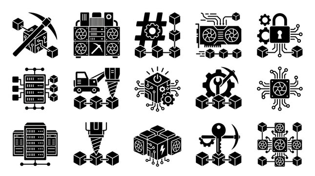 Cryptocurrency mining and blockchain technology black icon set