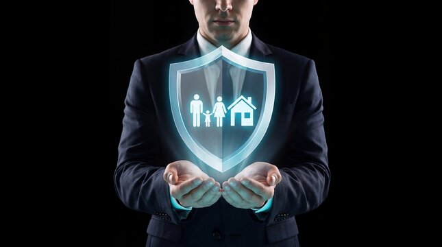 Family insurance hologram protection business security financial coverage technology policy presents a visual concept for future ready digital transformation with advanced solutions