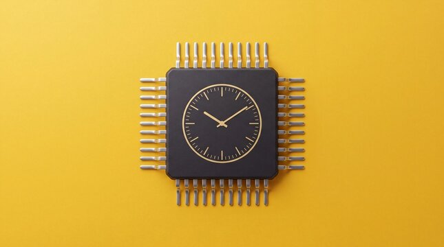 Clock microchip concept on yellow background