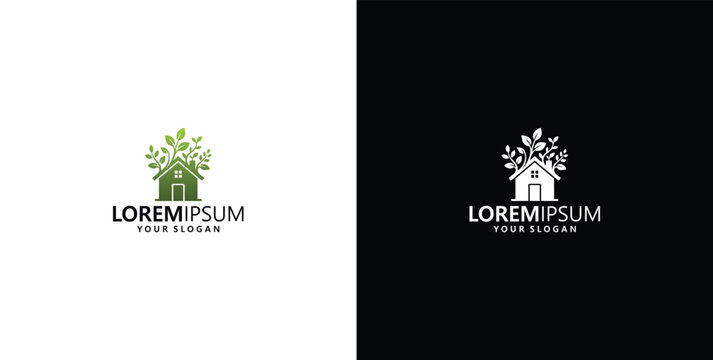 Green eco house logo vector design template with leaves and foliage for sustainable architecture