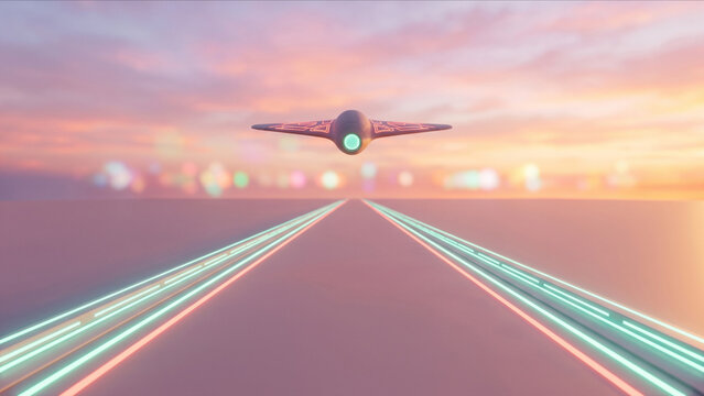 滑走路から未来的な自律飛行ドローンが離陸上昇する3DアニメCG背景