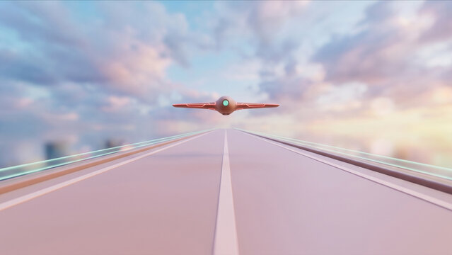 滑走路から未来的な自律飛行ドローンが離陸上昇する3DアニメCG背景