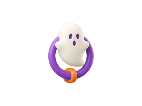 3D ghost baby rattle toy with purple and orange rings isolated on a white background for Halloween holiday designs