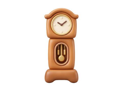 Stylized grandfather clock 3D illustration with rounded clay texture and visible pendulum isolated on white background