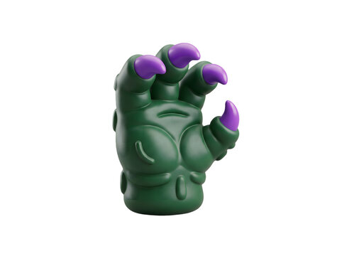 Green monster claw toy with sharp purple nails isolated on a clean white background