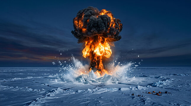 Massive fiery mushroom cloud explosion erupting from a frozen icy landscape at twilight.