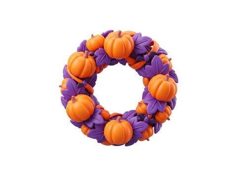 Halloween pumpkin wreath featuring decorative orange pumpkins and purple autumn leaves isolated on a white background