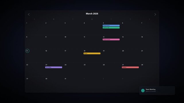 Modern dark mode digital calendar application interface showcasing scheduled events for March 2020