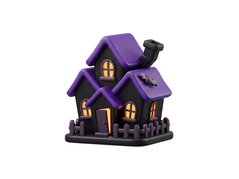 Miniature Halloween haunted house toy with glowing yellow windows and purple roof isolated on white background