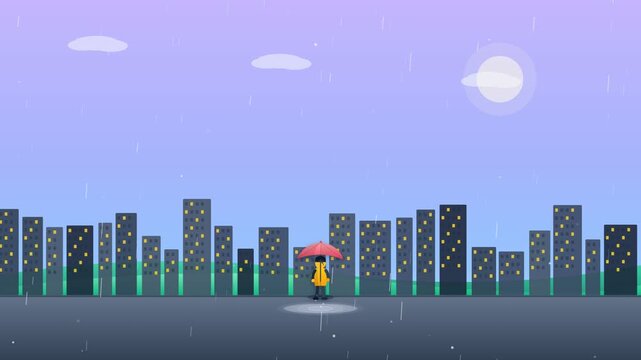 Flat Vector Rainy Day With Umbrella Character Loop