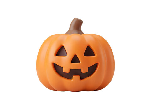 Orange plastic Jack-o'-lantern pumpkin decoration with a carved face isolated on a white background for Halloween holiday season