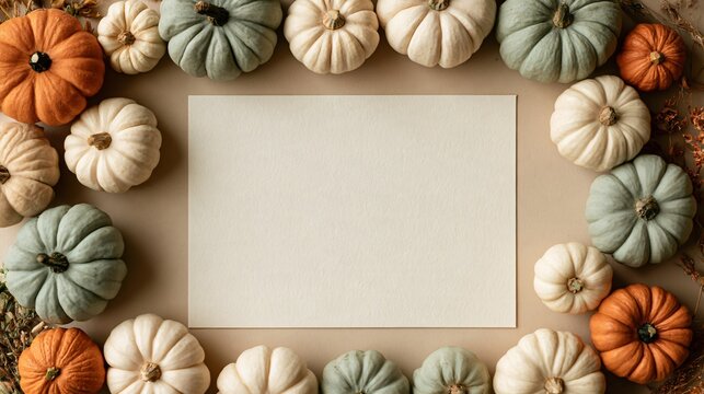An elegant overhead decorative pumpkin background surrounds a blank cream card with miniature sage, ivory, and orange pumpkins placed loosely around the outer edges