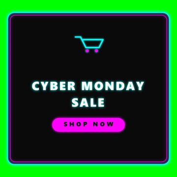 A professional  motion graphic loop featuring a maximum-sized fullscreen ecommerce promotional badge for Cyber Monday with cyan, magenta, and white neon-style aesthetics, shopping cart 