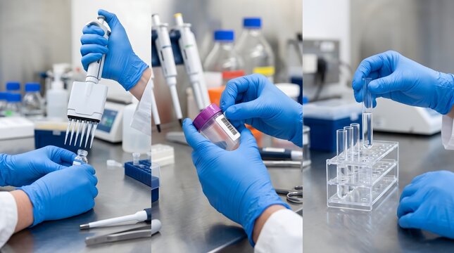 three laboratory healthcare professionals processing clinical samples, one using a micropipette, another labeling a specimen container without readable text, another arranging test tubes in a rack