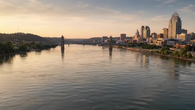 Cincinnati skyline sunset aerial view over ohio river and john a. roebling suspension bridge cityscape