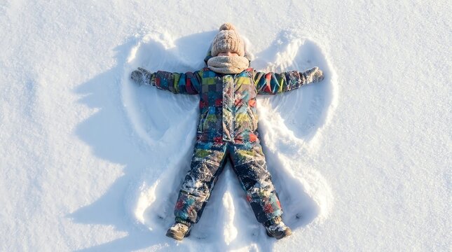 Colorful Winter Snowsuit Child Making Snow Angel in Fresh Snow