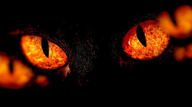 Glowing fiery cat eyes staring intensely out from deep dark shadows during a mysterious midnight halloween setting