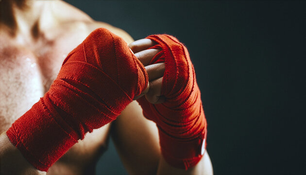 A muscular fighter clasps his hands wrapped in tight red bandages, ready for a match.