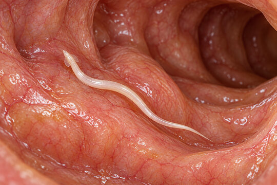 Pinworm Parasite Resting on Human Intestinal Lining