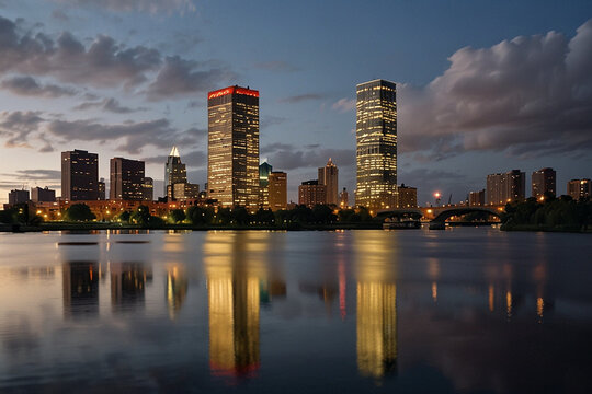 City skyline at night reflected in river water