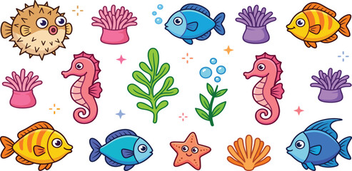 Obraz premium Tropical Sea Life Vector Icon Set Featuring Colorful Ocean Fish, Seahorses, Starfish, Pufferfish, Coral Reef Elements, and Marine Creatures for Underwater Designs