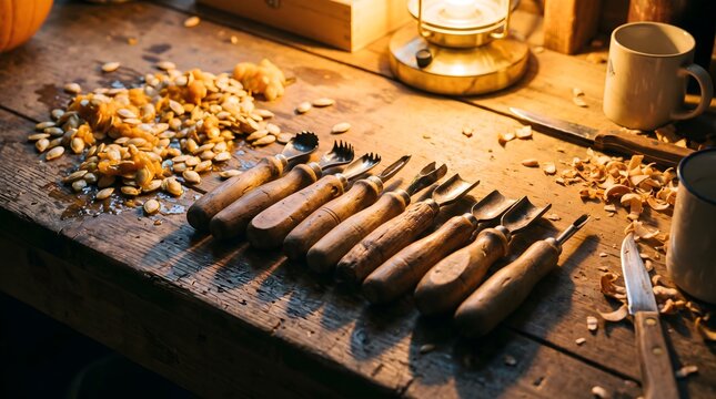 Halloween Pumpkin Carving Tools on a Rustic Wooden Workbench