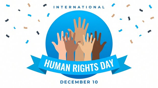International Human Rights Day design with diverse raised hands graphi