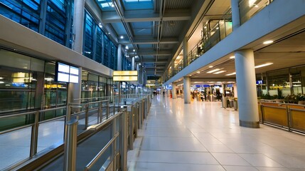 Naklejka premium Modern airport terminal hallway with glass walls metal railings and bright overhead lighting