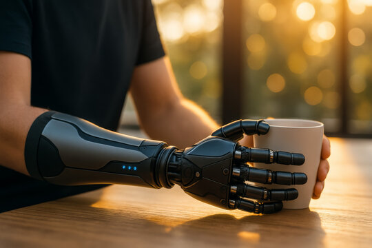 Person using an articulated bionic hand to hold a mug