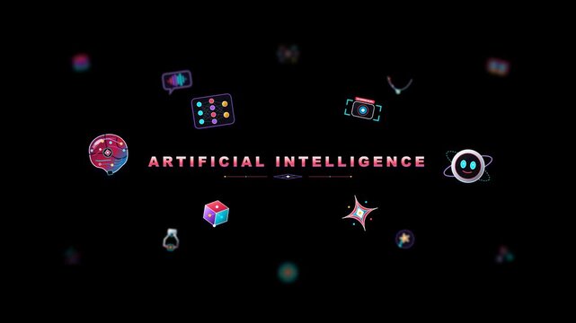 Modern 3D glassmorphic artificial intelligence layout featuring floating AI icons, neural magenta and cyan accents, depth of field blur, and sleek typography on pure black background.